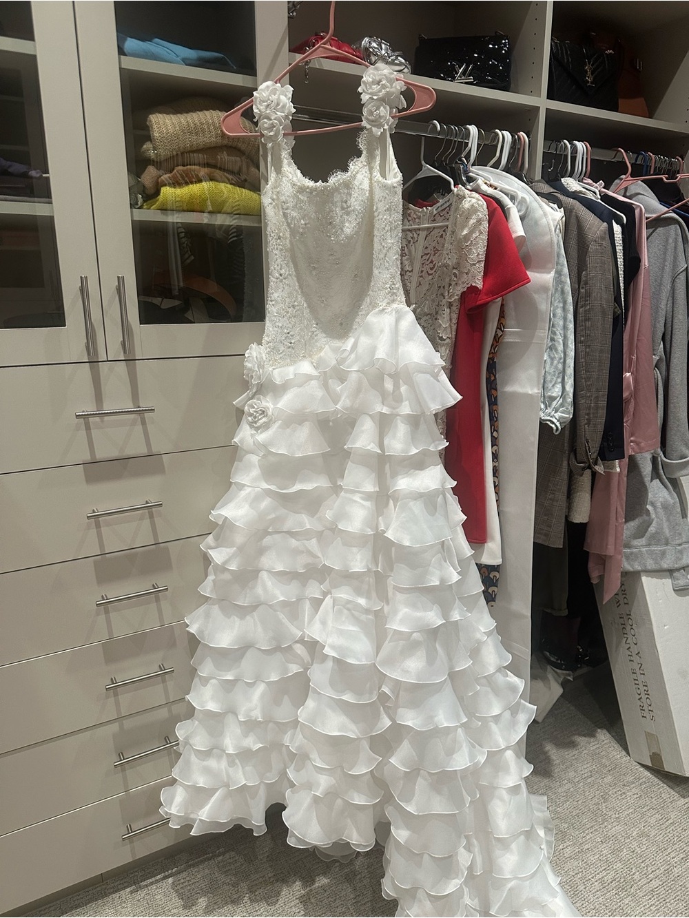 White Ruffled Beaded Bodice Wedding Dress